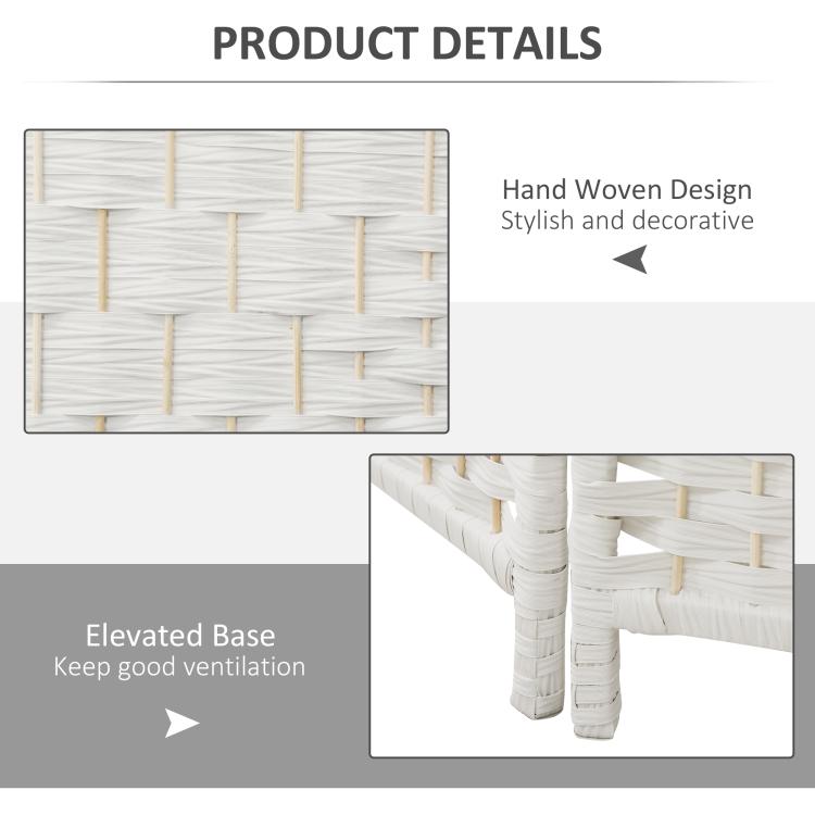 White 3-panel room divider showing woven texture and elevated base