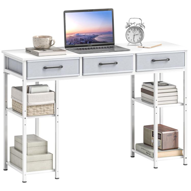 White computer desk with three fabric drawers and open side shelves, wide desktop