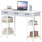 White writing desk with three drawers and open shelving on both sides