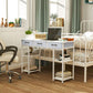 White small writing desk with three fabric drawers and open shelving under top