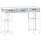 White computer writing desk with three drawers and open side shelves, front view