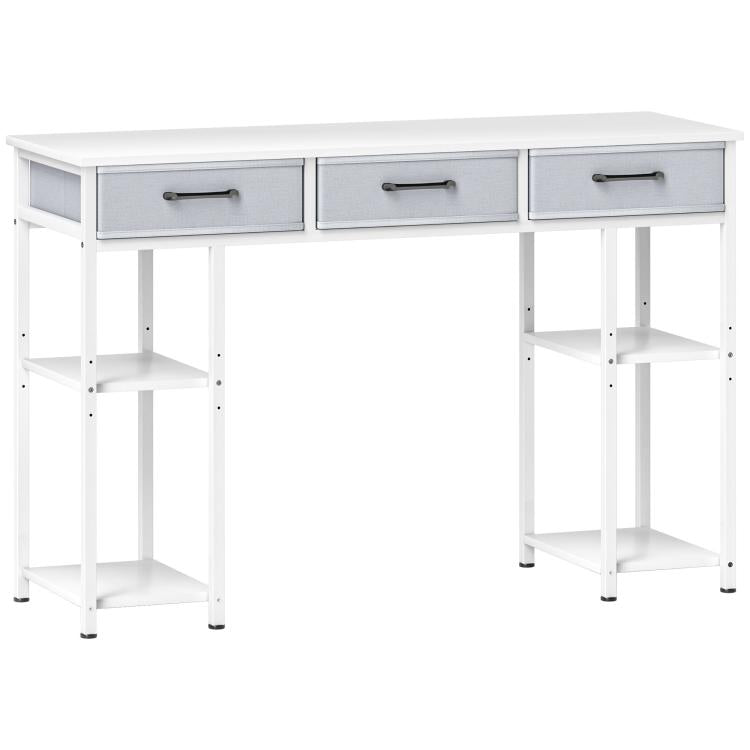 White computer writing desk with three drawers and open side shelves, front view