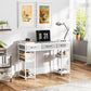 White computer desk with three drawers and two-tier open shelves for office supplies