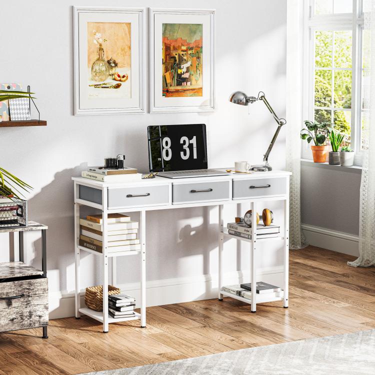 White computer desk with three drawers and two-tier open shelves for office supplies
