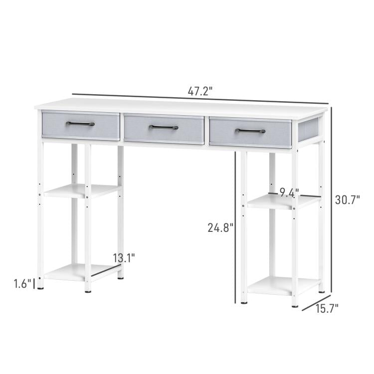 White small computer desk with three drawers and side open shelves, size view