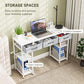 White desk with three fabric drawers and four open shelves for storage