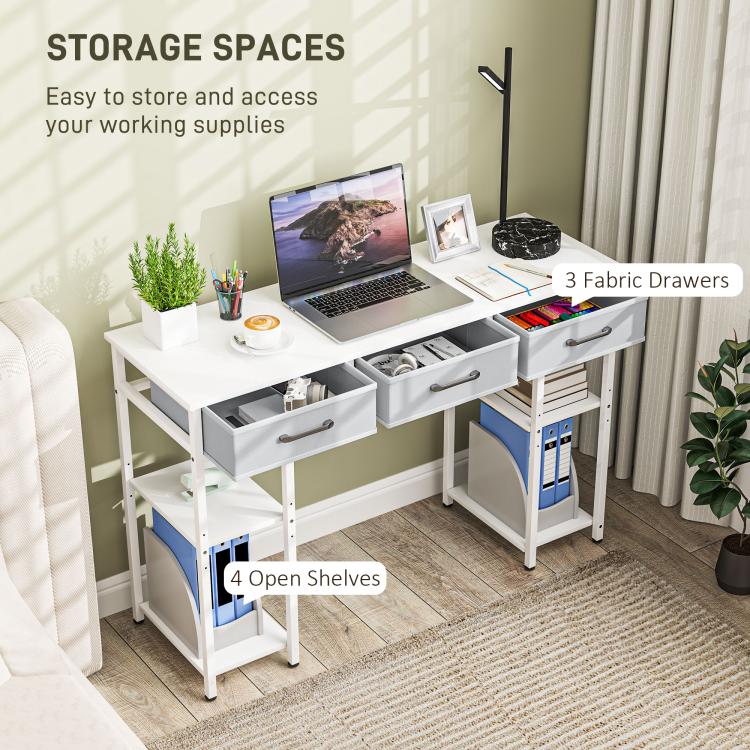 White desk with three fabric drawers and four open shelves for storage