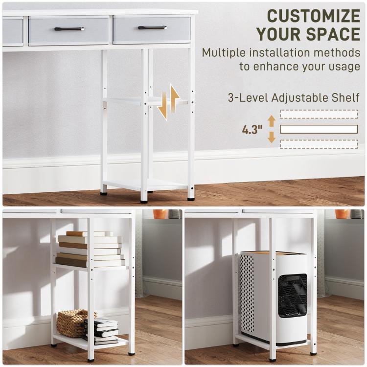 White desk showing under-shelf storage with adjustable supports and drawers