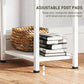 White desk with adjustable foot pads for stability on uneven floors