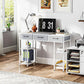 White office computer desk with three drawers and open shelving, clean tabletop