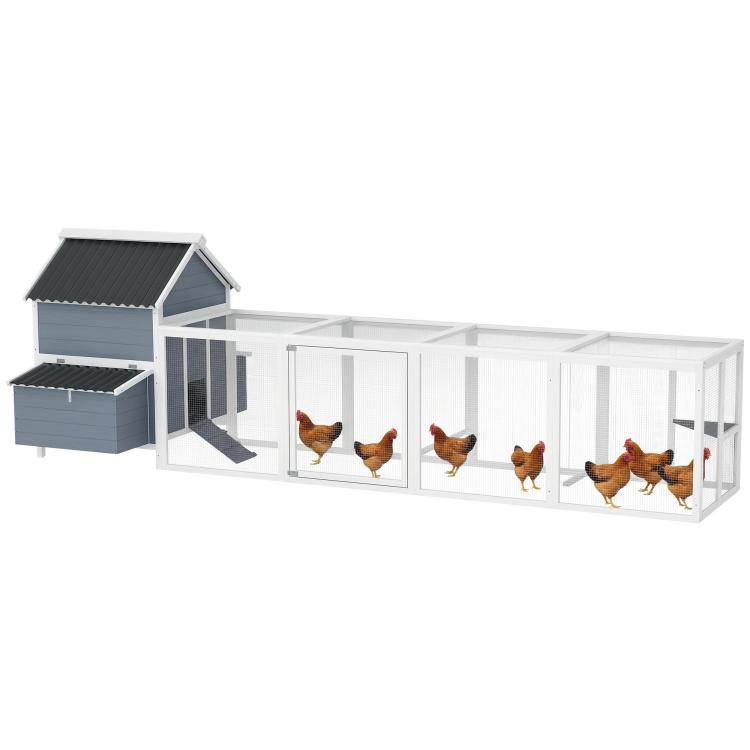Light gray wooden chicken coop with enclosed run and nesting boxes, dark roof panels