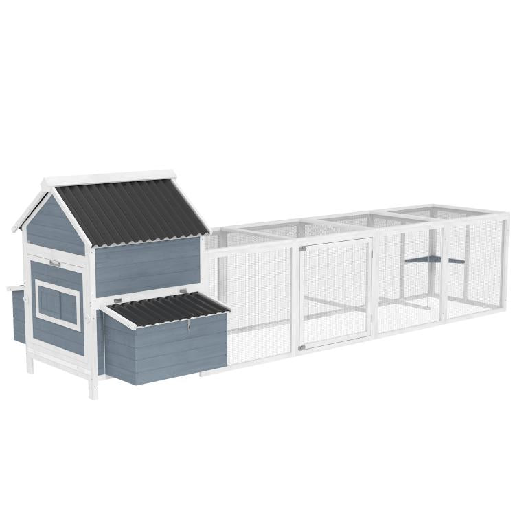 Light gray chicken coop house with two nesting boxes and covered dark roof section