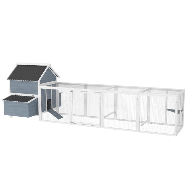 Light gray wooden chicken coop with two nesting boxes and enclosed mesh run