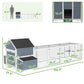 Light gray chicken coop diagram showing run and house layout with measurements