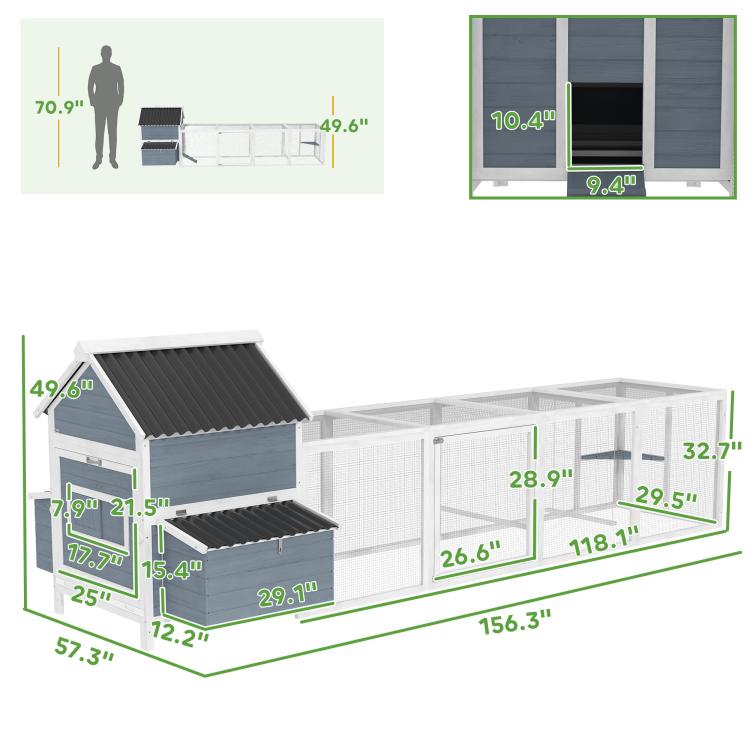 Light gray chicken coop diagram showing run and house layout with measurements