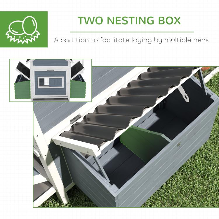 Chicken coop nesting box area with dark roof panel and covered interior compartments