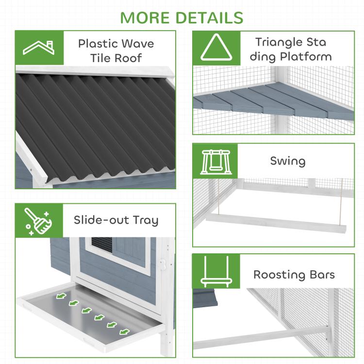Chicken coop features view: wave roof tile roof, slide tray, roosting bars