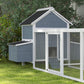 Light gray wooden chicken coop with enclosed run, side nesting box, and dark wave roof