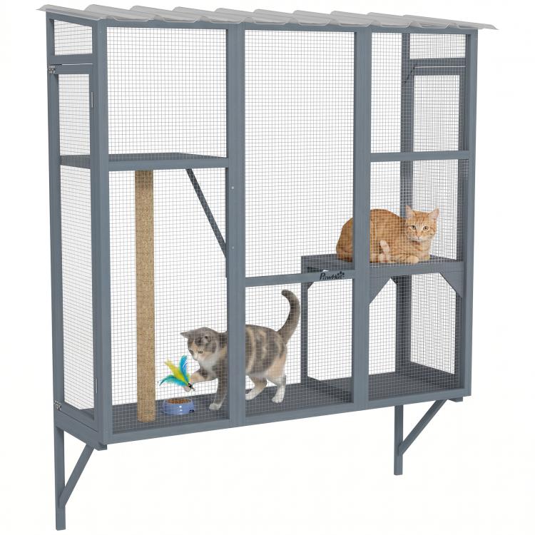 Gray window catio enclosure with mesh panels, scratching post, and jumping platforms