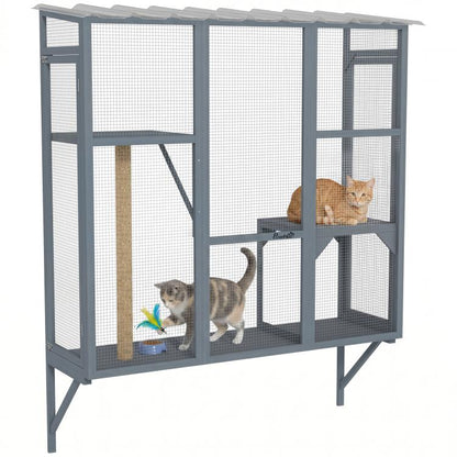 Gray window catio enclosure with mesh panels, scratching post, and jumping platforms