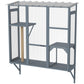 Gray window catio with mesh walls, hinged door, and multi-level jumping platform