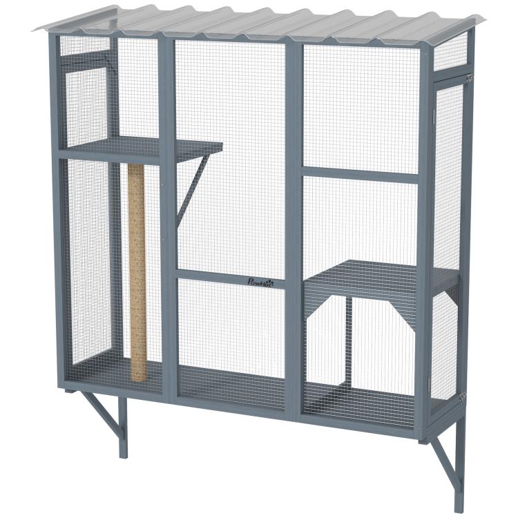Gray window catio with mesh walls, hinged door, and multi-level jumping platform