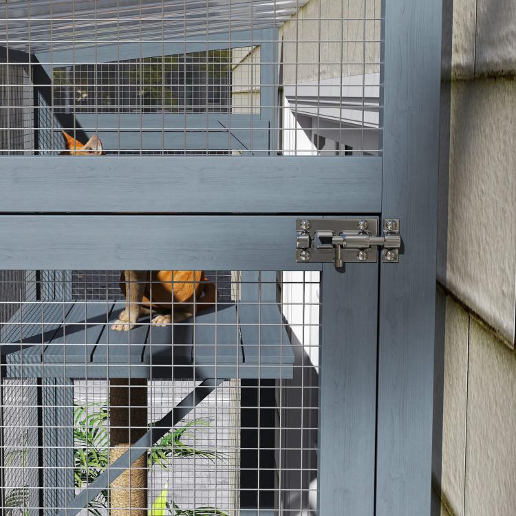 Outdoor window cat enclosure with wire mesh and scratching post, gray frame