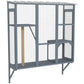 Freestanding window catio with wire mesh panels and tall scratching post, gray frame