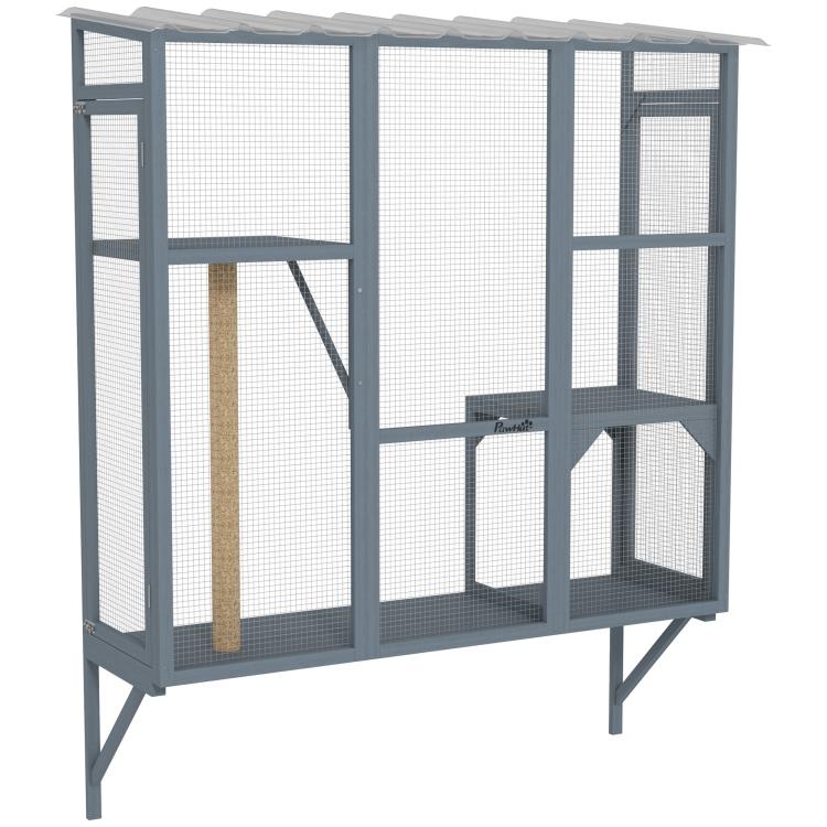 Freestanding window catio with wire mesh panels and tall scratching post, gray frame