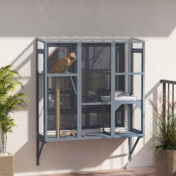 Gray window catio with mesh panels and two-level platform set on outdoor wall
