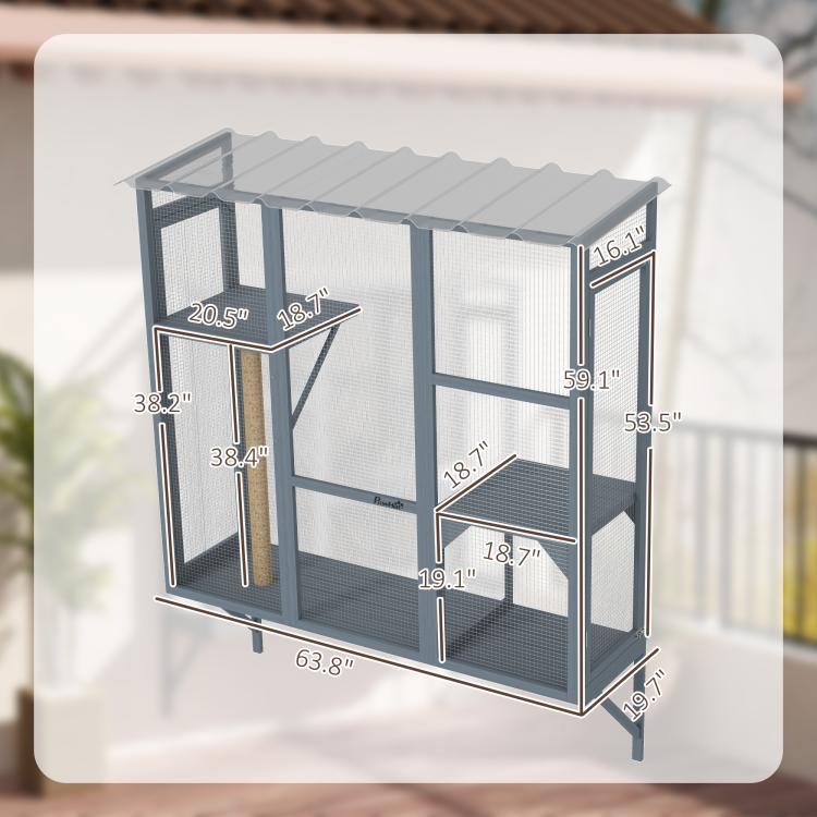 Gray window catio enclosure with mesh panels, scratching post, and jumping platforms