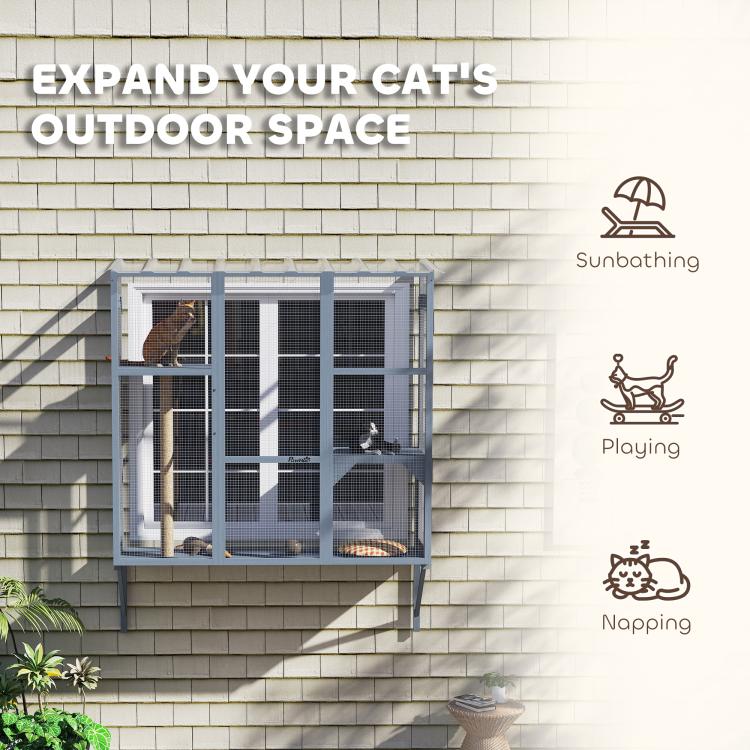 Window catio enclosure with mesh panels and cat resting on an upper platform