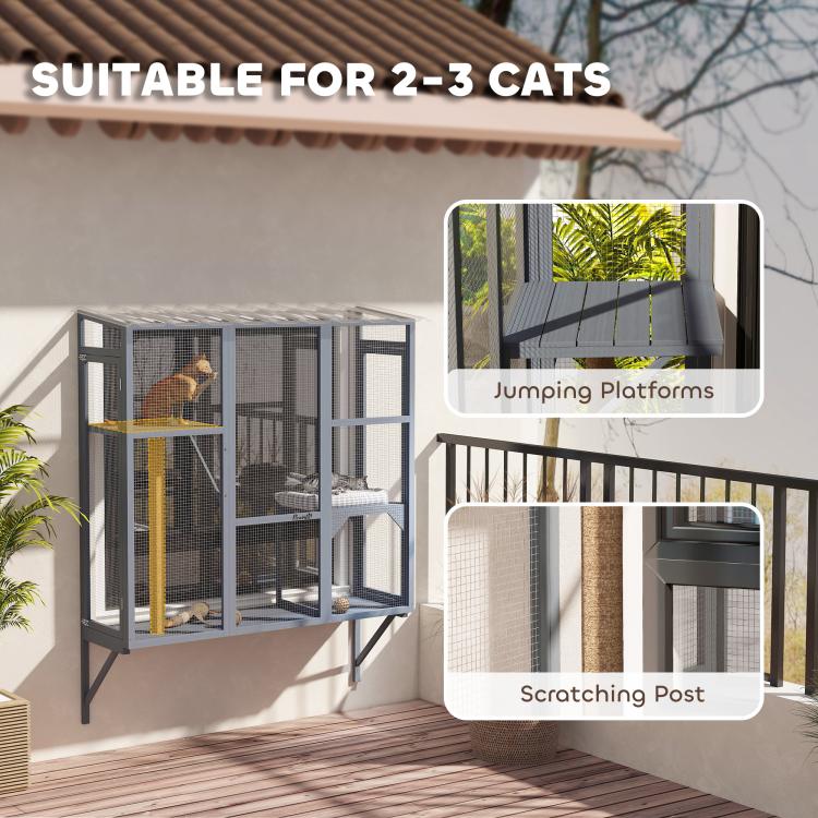 Gray window catio with scratching post and upper jumping platforms for cats