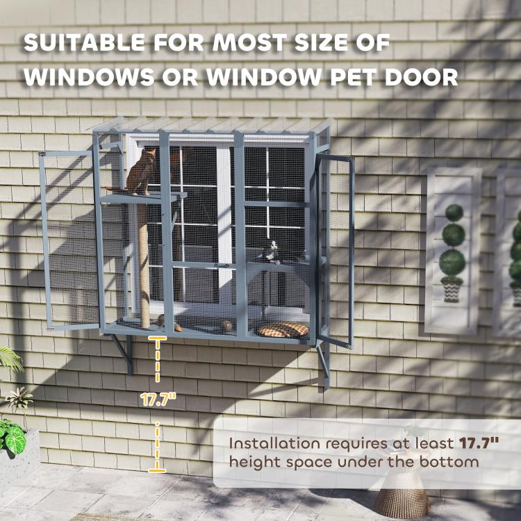 Gray window catio mounted on wall with hinged door and mesh enclosure for cats