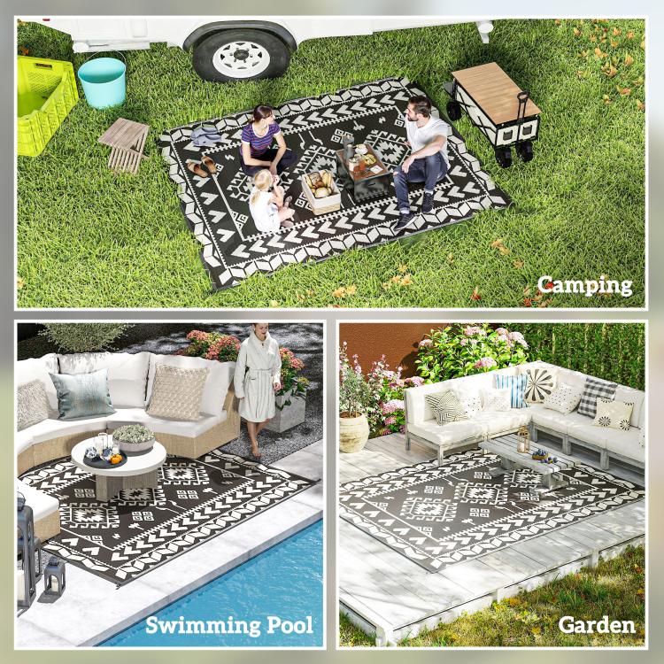 Outdoor reversible rug shown in camping, pool, and garden setups with geometric pattern