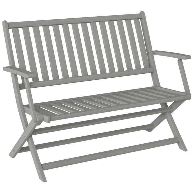 Gray foldable outdoor bench with slatted backrest and armrests for two people