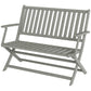 Gray foldable outdoor bench showing slatted seat, backrest, and armrests