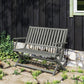 Gray foldable outdoor bench with backrest and armrests, wood slat seat and back