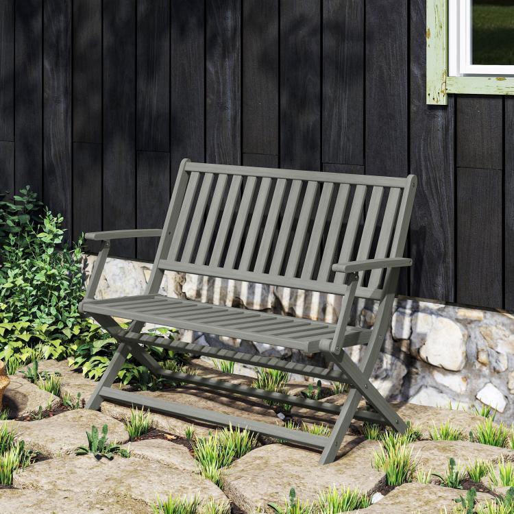 Gray foldable outdoor bench with backrest and armrests, wood slat seat and back