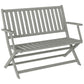 Gray foldable 2-person bench with slatted seat, backrest, and armrests