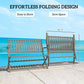 Pair of gray folding outdoor benches with slatted backrest, folded for storage