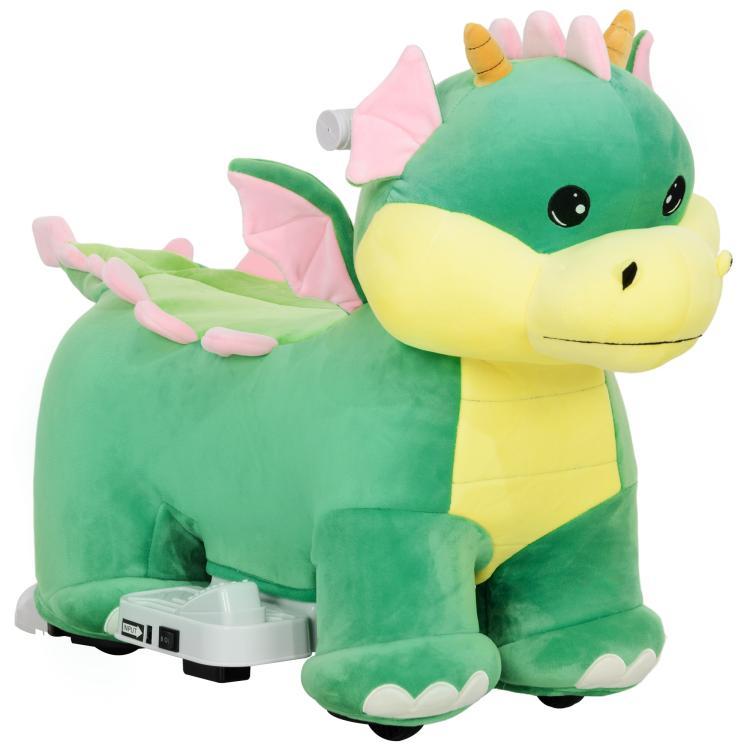 Green plush ride-on dinosaur toy with yellow belly, pink wings, and front music panel