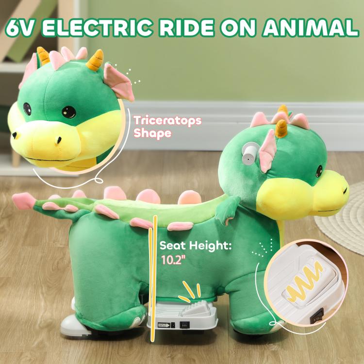 Green plush ride-on dinosaur toy with horned head and white control base