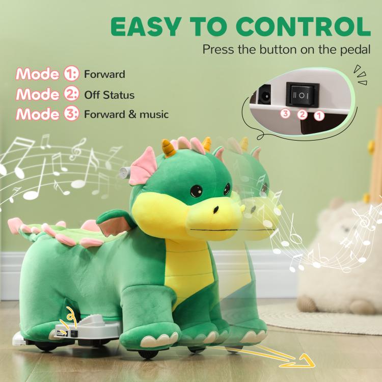 Green plush ride-on dinosaur toy with pedal control and front button