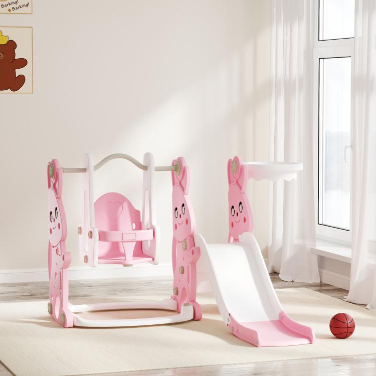 Pink rabbit toddler swing and slide playset with side panels and front ramp