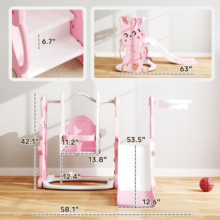 Rabbit-themed slide and swing set with size indicators for swing and slide sections