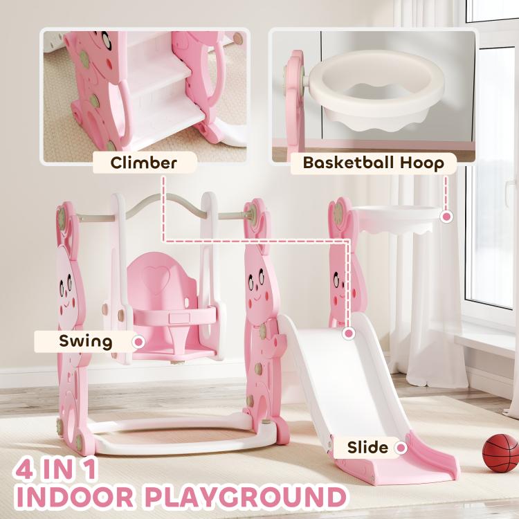 Pink 4-in-1 playset showing climber, basketball hoop, swing, and slide functions