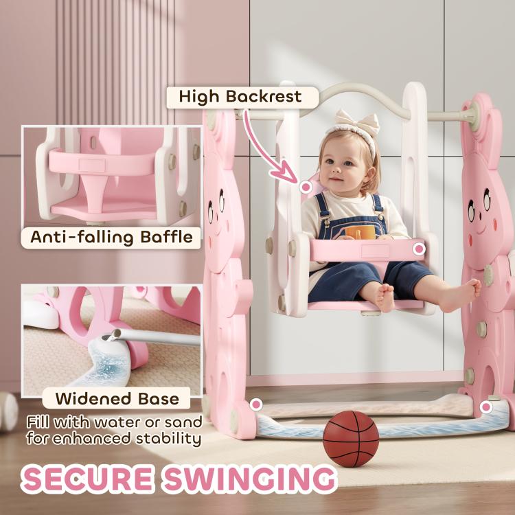 Pink rabbit swing set with high backrest and anti-falling baffle for toddler