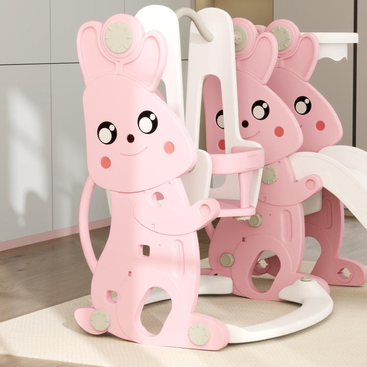 Pink rabbit character swing and slide playset with front panel and seat details