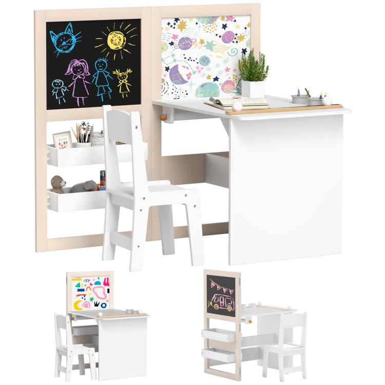 White kids table and chair set with storage shelves and chalkboard and whiteboard panels